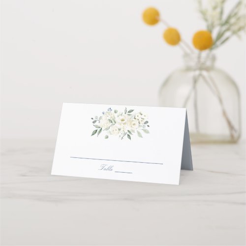 Floral Dusty Blue White Greenery Elegant Wedding Place Card