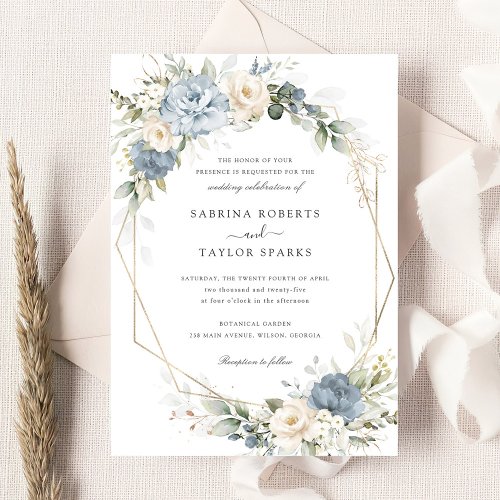 Floral Dusty Blue White Greenery Gold Wedding Invitation