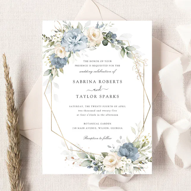 Floral Dusty Blue White Greenery Gold Wedding Invitation | Zazzle