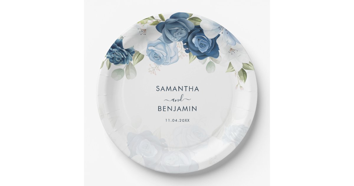 Floral Dusty Blue White Wedding Shower Paper Plates | Zazzle