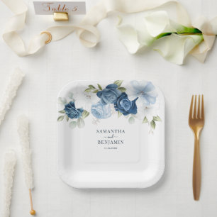 Floral Dusty Blue White Wedding Shower Paper Plates