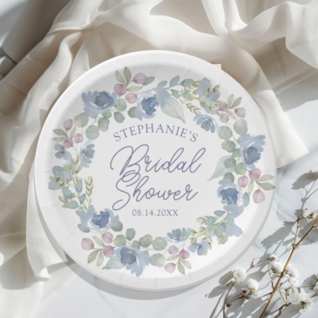 Floral Dusty Blue Wreath Bridal Shower Paper Plates (Creator Uploaded)