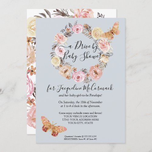 Floral Dusty Blue Wreath Butterfly Drive By Shower Invitation