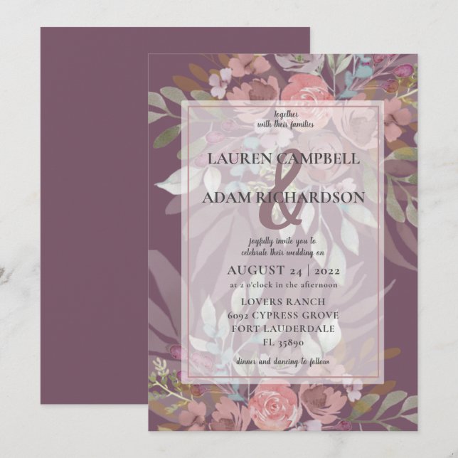 Floral Dusty Burgundy Ampersand Wedding Invitation (Front/Back)