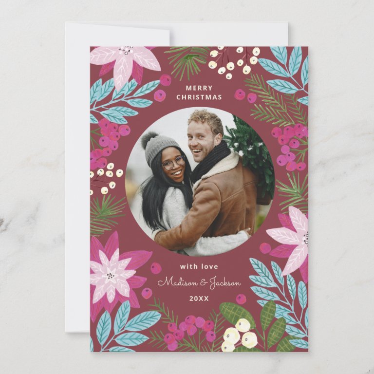 Floral dusty dark red Christmas Holiday Card