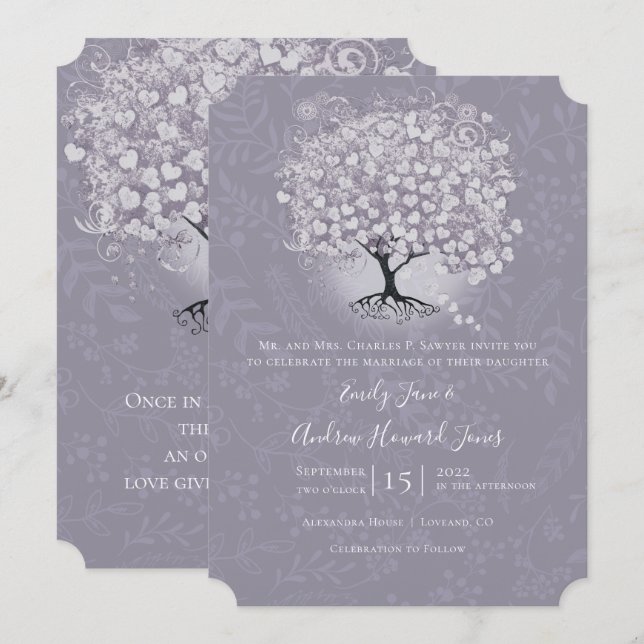 Floral Dusty Lavender Heart Leaf Tree Wedding Invitation (Front/Back)