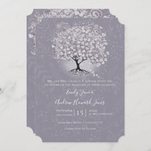 Floral Dusty Lavender Heart Leaf Tree Wedding Invitation