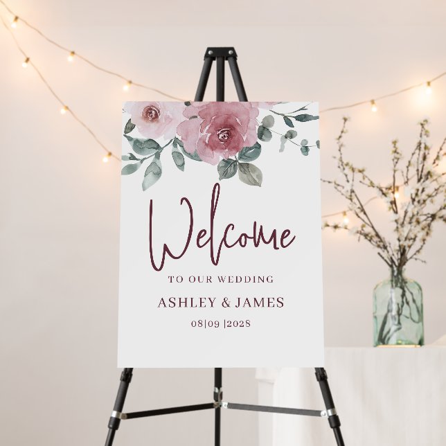 Floral Dusty Pink Burgundy Wedding Welcome Sign (In Situ (Stand))