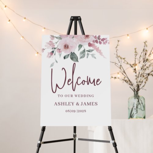 Floral Dusty Pink Burgundy Wedding Welcome Sign