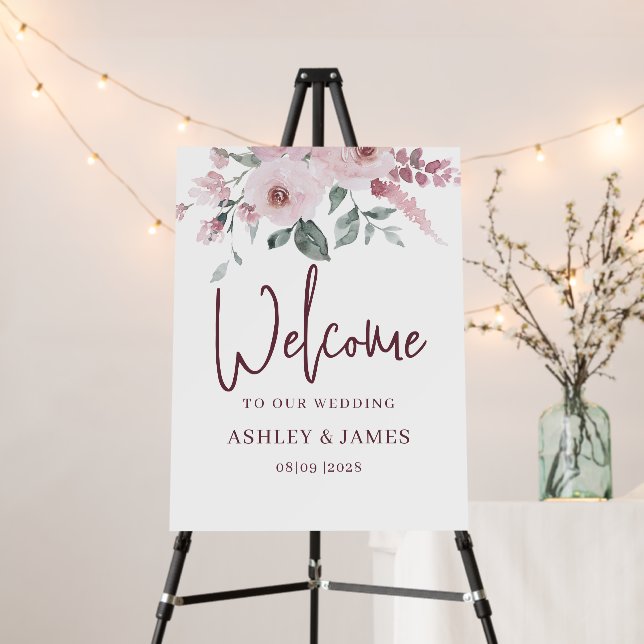 Floral Dusty Pink Burgundy Wedding Welcome Sign (In Situ (Stand))