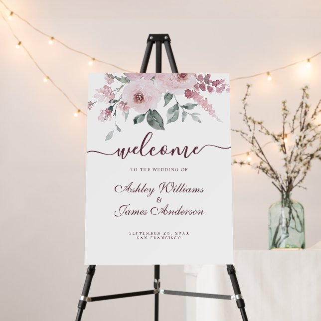 Floral Dusty Pink Burgundy Wedding Welcome Sign (In Situ (Stand))