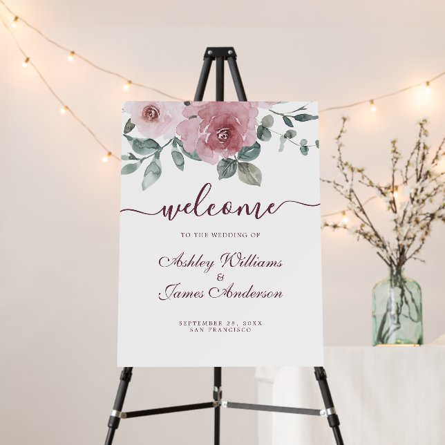 Floral Dusty Pink Burgundy Wedding Welcome Sign (In Situ (Stand))