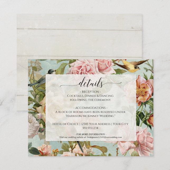 Floral Dusty Pink Country Chic Wood Blue Details Invitation (Front/Back)