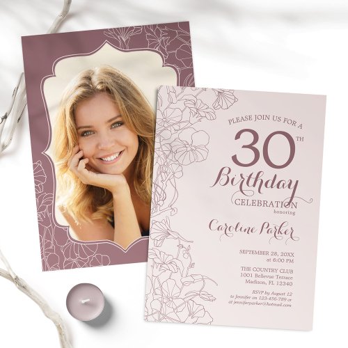 Floral Dusty Pink Photo 30th Birthday Party Invitation