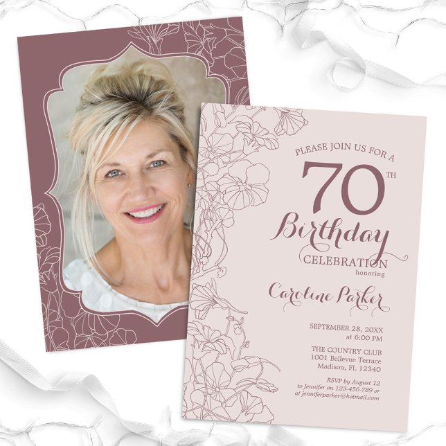Floral Dusty Pink Photo 70th Birthday Party Invitation (Creator Uploaded)