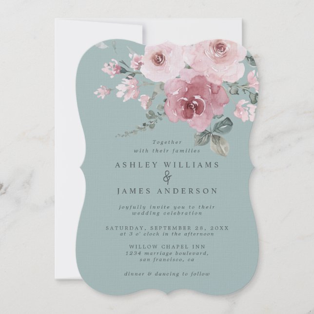 Floral Dusty Pink Rose Blue Haze Wedding Invitation (Front)