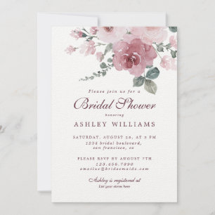 Floral Dusty Pink Rose Burgundy Bridal Shower Invitation