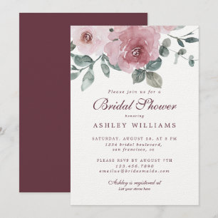 Floral Dusty Pink Rose Burgundy Bridal Shower Invitation