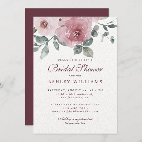 Floral Dusty Pink Rose Burgundy Bridal Shower Invitation