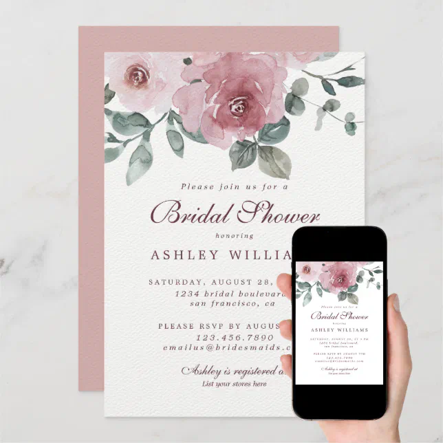 Floral Dusty Pink Rose Burgundy Bridal Shower Invitation | Zazzle