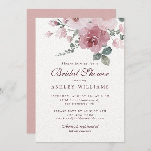 Floral Dusty Pink Rose Burgundy Bridal Shower Invitation