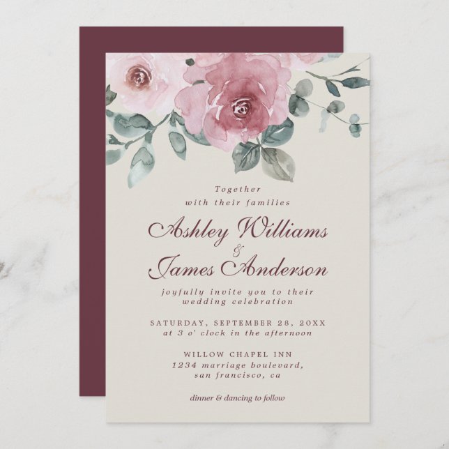Floral Dusty Pink Rose Burgundy Wedding Invitation (Front/Back)