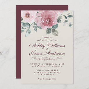 Floral Dusty Pink Rose Burgundy Wedding Invitation