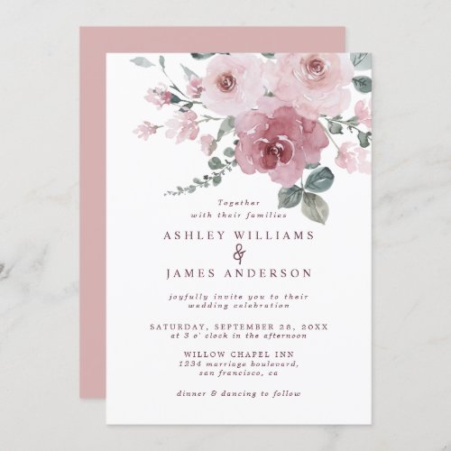 Floral Dusty Pink Rose Burgundy Wedding Invitation