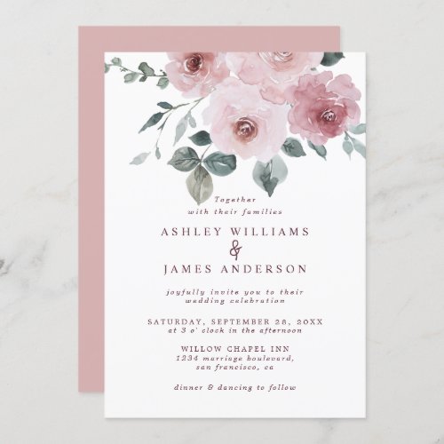 Floral Dusty Pink Rose Burgundy Wedding Invitation