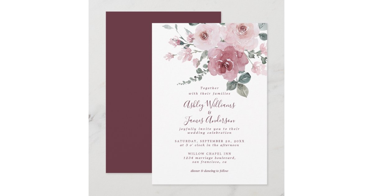 Floral Dusty Pink Rose Burgundy Wedding Invitation | Zazzle