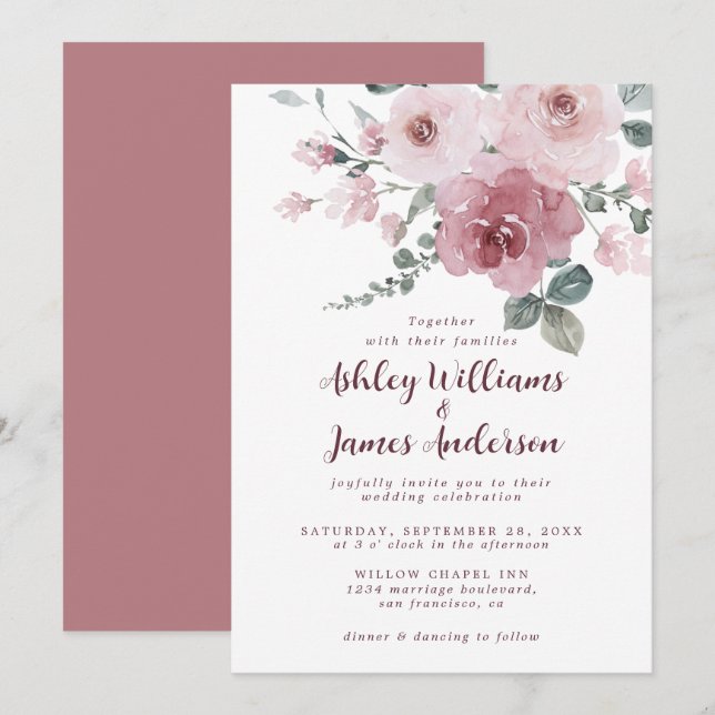 Floral Dusty Pink Rose Burgundy Wedding Invitation (Front/Back)