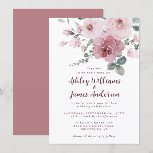 Floral Dusty Pink Rose Burgundy Wedding Invitation