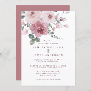 Floral Dusty Pink Rose Burgundy Wedding Invitation