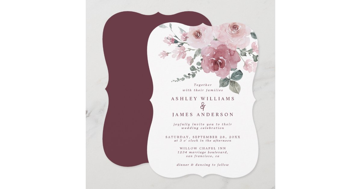 Floral Dusty Pink Rose Burgundy Wedding Invitation | Zazzle