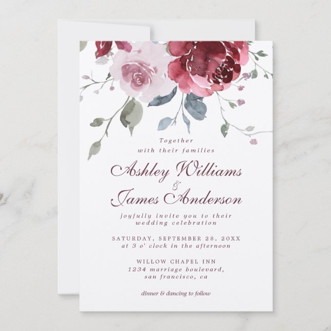 Floral Dusty Pink Rose Burgundy Wedding Invitation (Front)
