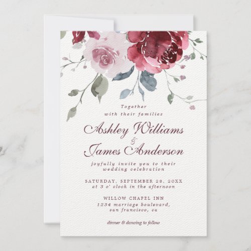 Floral Dusty Pink Rose Burgundy Wedding Invitation