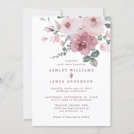 Floral Dusty Pink Rose Burgundy Wedding Invitation | Zazzle