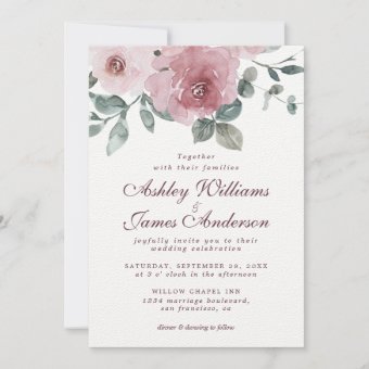 Floral Dusty Pink Rose Burgundy Wedding Invitation | Zazzle