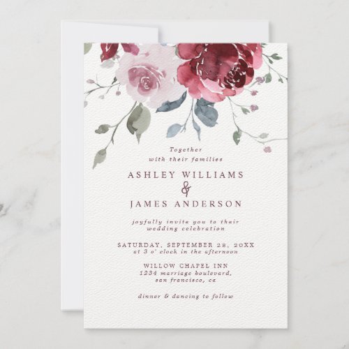 Floral Dusty Pink Rose Burgundy Wedding Invitation