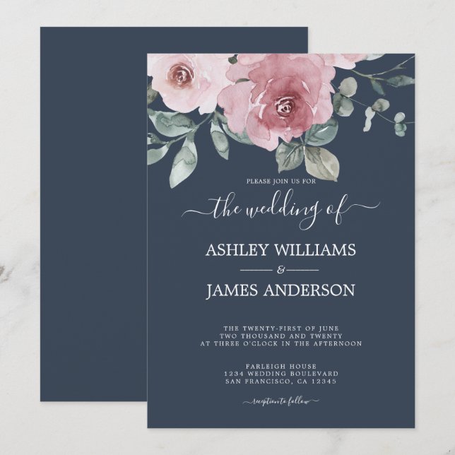 Floral Dusty Pink Rose Dark Blue Wedding Invitation (Front/Back)