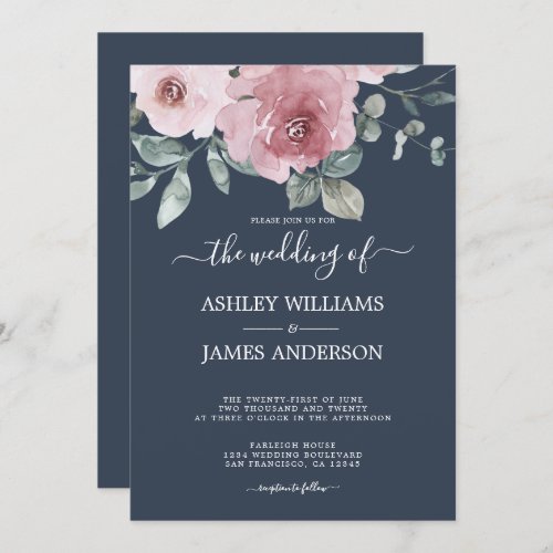 Floral Dusty Pink Rose Dark Blue Wedding Invitation