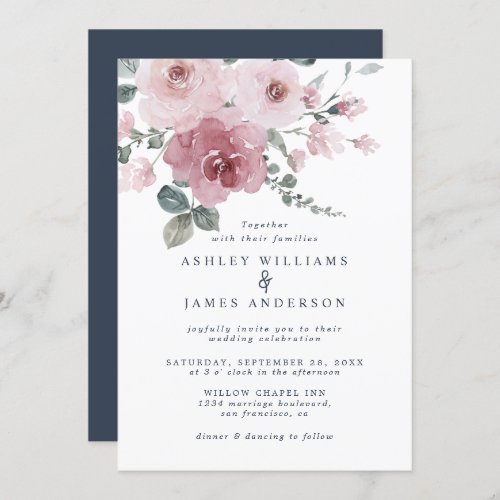 Floral Dusty Pink Rose Dark Blue Wedding Invitation
