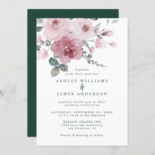 Floral Dusty Pink Rose Dark Green Wedding Invitation