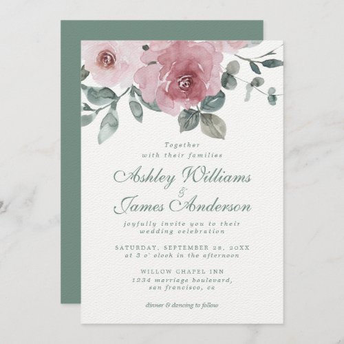 Floral Dusty Pink Rose Green Wedding Invitation