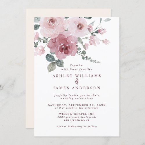 Floral Dusty Pink Rose Ivory Wedding Invitation