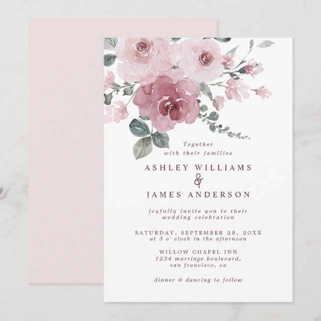 Floral Dusty Pink Rose Ivory Wedding Invitation (Front/Back)