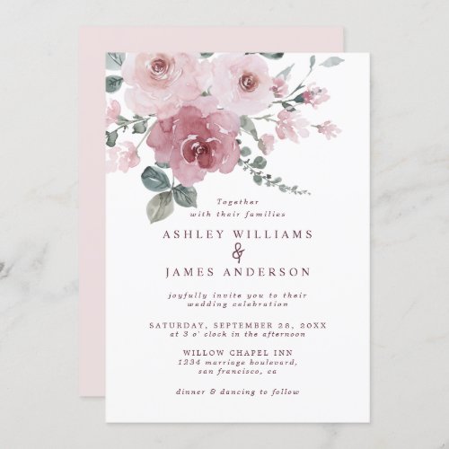 Floral Dusty Pink Rose Ivory Wedding Invitation