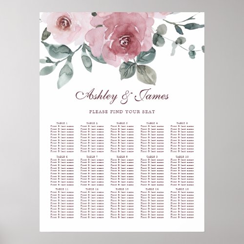 Floral Dusty Pink Rose Wedding Seating Chart