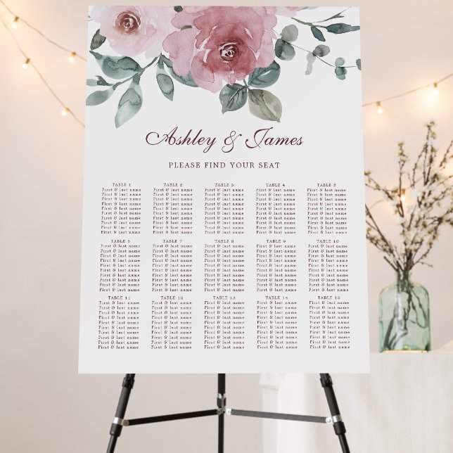 Floral Dusty Pink Rose Wedding Seating Chart Foam Board (In Situ (Stand))