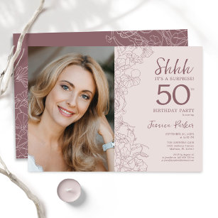 Floral Dusty Pink Surprise Photo 50th Birthday Invitation